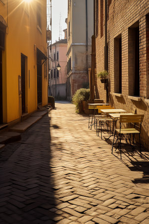 Generative AI Italy- tuscany- bagno vignoni- empty tables outside restaurantの素材