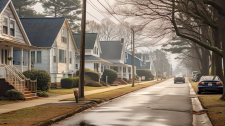 Generative AI Panorama view of brick houses from an empty sidewalk street with cars, trees and lanteの素材