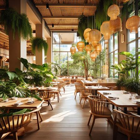 Generative AI Asian restaurant interior with wooden ceiling and walls and green tall plants. Japanesの素材