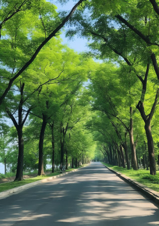 Generative AI Empty sidewalk sandwiched between empty street and grass area with line of trees, no tの素材