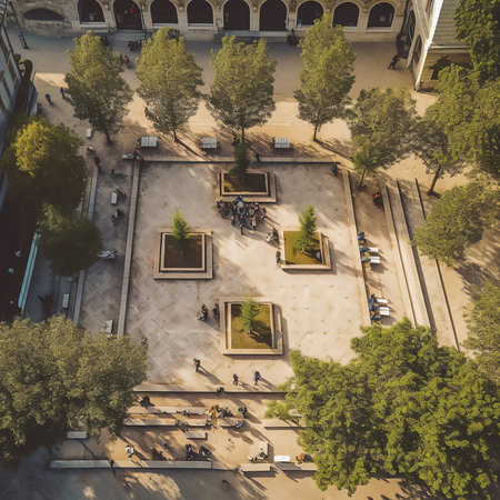Generative AI Aerial view of empty town hall square during quarantine in Kaunas city, Lithuaniaの素材