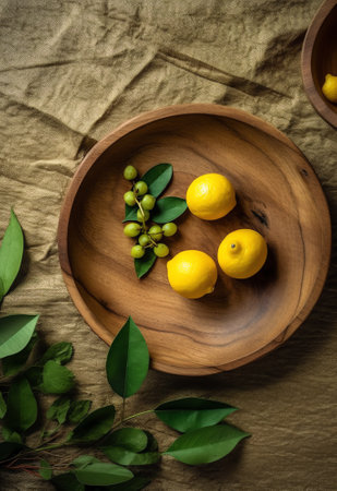 Generative AI Round wooden plate with herbs and salt on dark wooden background top viewの素材