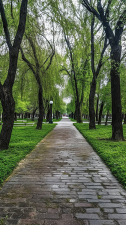 Generative AI Amsterdam, Netherlands - 10 April, 2021: an empty sidewalk in the middle of a residentの素材