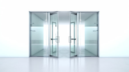 Generative AI GLASS ENTRANCE DOOR. Shopping center mall entrance automatic doors with reflection andの素材