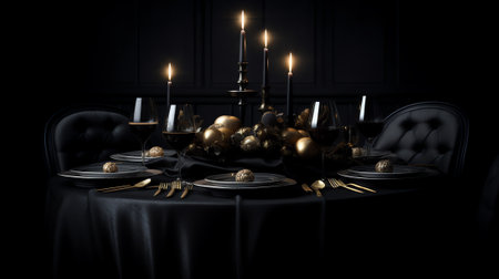 Generative AI Beautifully organized event - round served table banquet ready for guests, round decorの素材