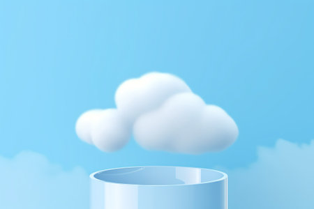 Generative AI 3D render of empty cute white clouds book shelf hang on blue sky wall for kids or babyの素材