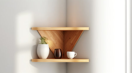 Generative AI Wood shelf on white wallの素材