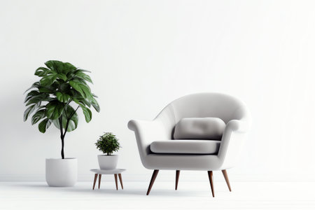 Generative AI Scandinavian style livingroom with gray fabric armchair, golden lamp and plants on empの素材
