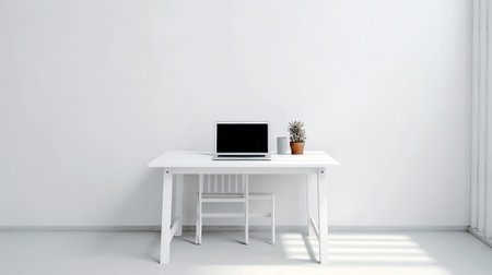 Generative AI Laptop on table in empty officeの素材