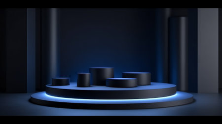Generative AI Close up empty black podium of product display in dark scene with line vertical blue nの素材