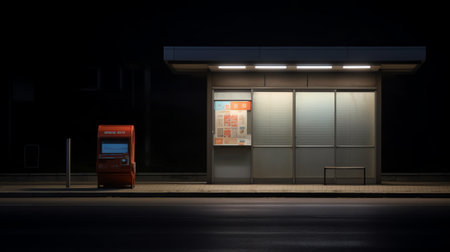 Generative AI Empty abandoned urban city storefront and vintage street lamp at night.の素材