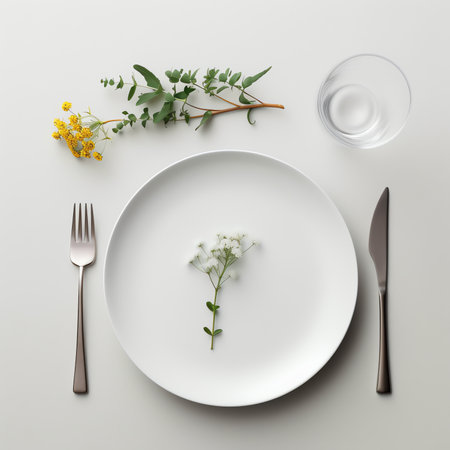Generative AI Food flatlay of empty plate on white marbleの素材