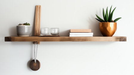 Generative AI Wood shelf on white wallの素材