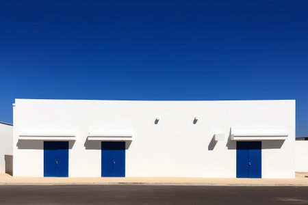 Generative AI A blank, generic strip mall against a blue sky with an empty parking lot.の素材