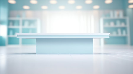 Generative AI Empty desk platform over reception room background. For product display montage.の素材