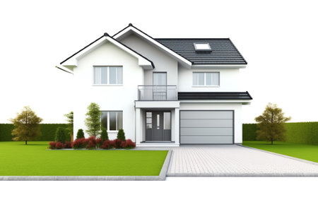 Generative AI New house with empty cobblestone floor for car park. 3d rendering of green grass lawnの素材