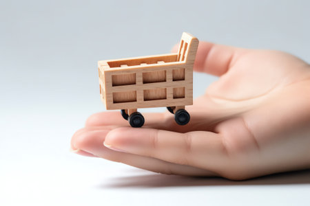 Generative AI empty mini shopping cart on wood.blank small car supermarket on floor wooden.の素材