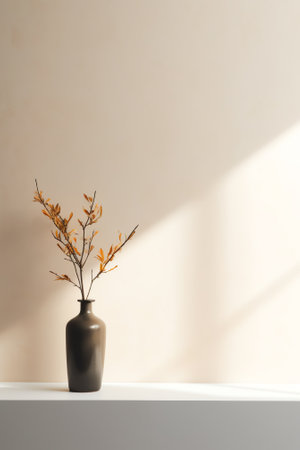 Generative AI Flowers in vase shade silhouette on a neutral beige textured wall and floor backgroundの素材