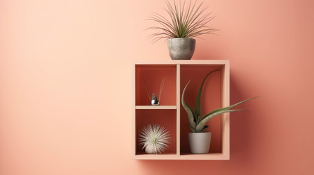 Generative AI Pink 3d shelf on the wall. Wooden horizontal realistic empty shelf.の素材