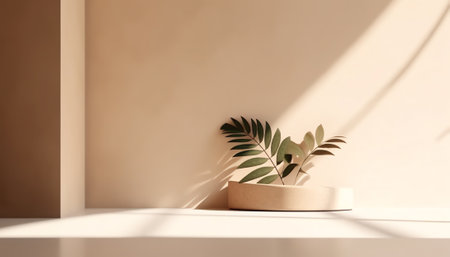 Generative AI Yellow background studio interior room with tropical palm shadow. Minimalist summer prの素材