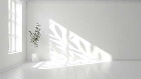 Generative AI Abstract white studio background for product presentation. Empty room with shadows ofの素材