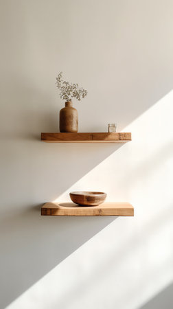Generative AI Empty wood shelf on wallの素材