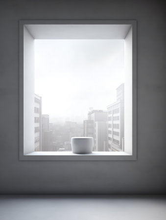 Generative AI Bright empty interior with two large window, city view and blank gray wall. 3D Renderiの素材