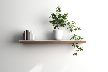 Generative AI Wooden shelf on white wall with green plant.の素材