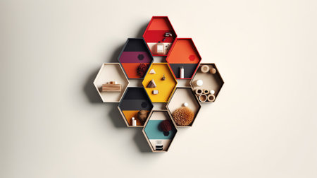 Generative AI wooden Hexagon shelf little tree, books ,decoration copy space, mock up, hexegonの素材