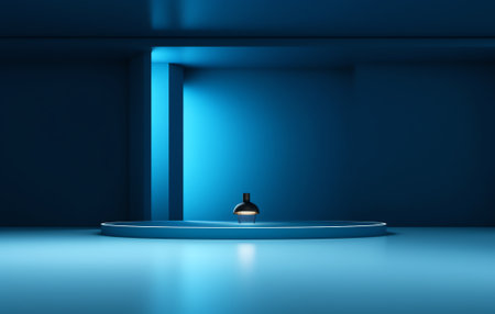 Generative AI Blue empty Studio room for product placement or as a design template with wall angle iの素材