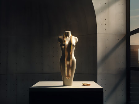Generative AI Empty jewelry store show-window with a dummy torso, an empty cage and no gems or goldの素材