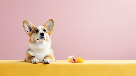 Generative AI Corgi dog climbs up on white table and looking forward to area for copy space in kitchの素材