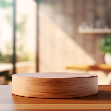 Generative AI Empty wooden round board on white stone kitchen table, top view, flat lay. Wooden pizzの素材