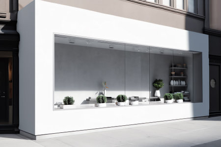 Generative AI Storefront kakemono Mockup. Black Shop sign on a wall in street templateの素材