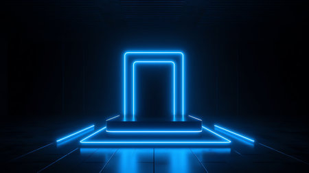Generative AI 3D Illustration. Abstract blue neon stadium background illuminated with lamps on grounの素材