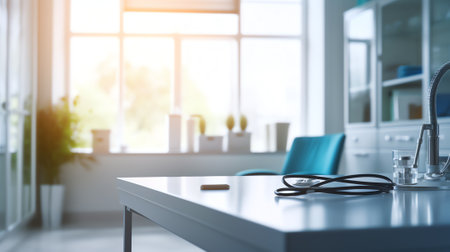 Generative AI Nobody in hospital waiting room front desk with office supplies and promotional flyersの素材