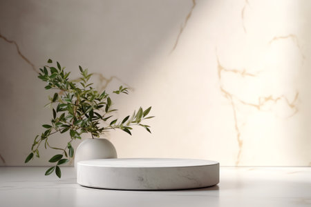 Generative AI Marble Table with Leaves Shadow on Stucco Wall Texture Background, Suitable for Producの素材