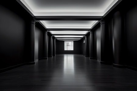 Generative AI Empty Interior of the Room with Black Stucco Walls, Three Windows, White Ceiling Corniの素材