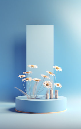 Generative AI Realistic 3D blue and white cylinder pedestal podium with blue curtain in arch shape wの素材