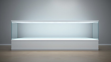 Generative AI Empty lighted showcase Shop in the daytime. Empty space for advertising. Mock up. 3d rの素材