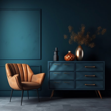 Generative AI Commode with chair and decor in living room interior, dark blue wall mock up backgrounの素材