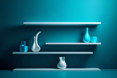 Generative AI Empty white shop shelf, retail shelf on blue vintage background.の素材