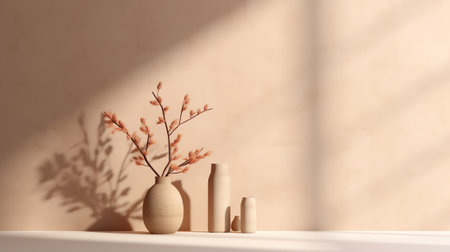 Generative AI Empty interior background, room with beige wall, vase with branch and window 3d renderの素材