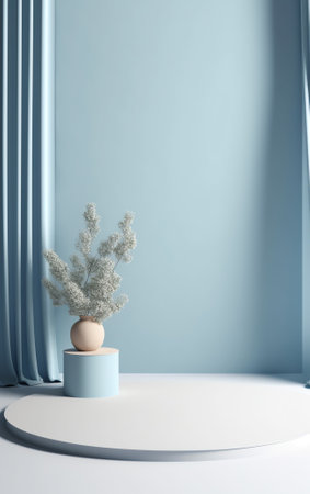 Generative AI blank stand interior design, empty room for show case background, 3D rendering blue paの素材