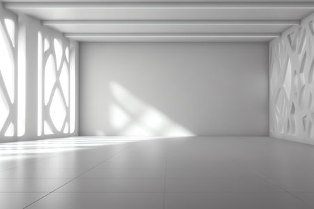 Generative AI Empty hall of contemporary business center with shadow patterns on floorの素材