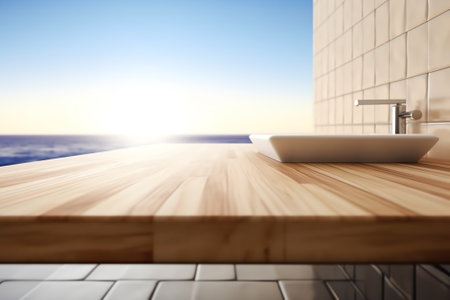 Generative AI Wooden table on blurred background of bathroom window and shelvesの素材