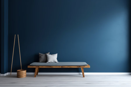 Generative AI Home interior. Empty room, wooden floor, blue color painted wall and curtain, banner.の素材