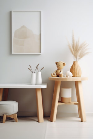 Generative AI Wooden desk on blurred child room or kindergarten interior backgroundの素材
