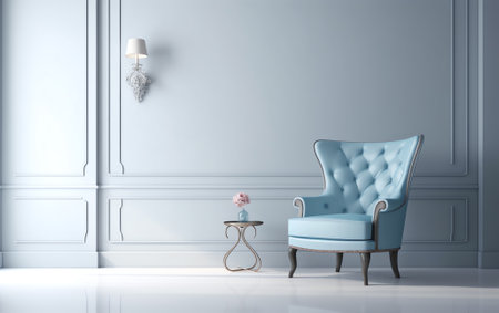 Generative AI White chair in blue pastel room for copy space.の素材
