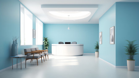 Generative AI Waiting room with reception in medical clinicの素材